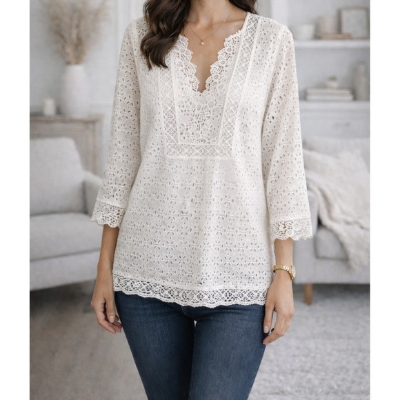 J. Jill Tops - J Jill Small White Eyelet Lace Cotton Boho Blouse